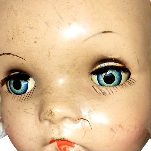 22" 30s or40s VNTG Blue Metal Sleep Eyes, Curly Molded Hair Faint Cry Baby Doll - Picture 9 of 16